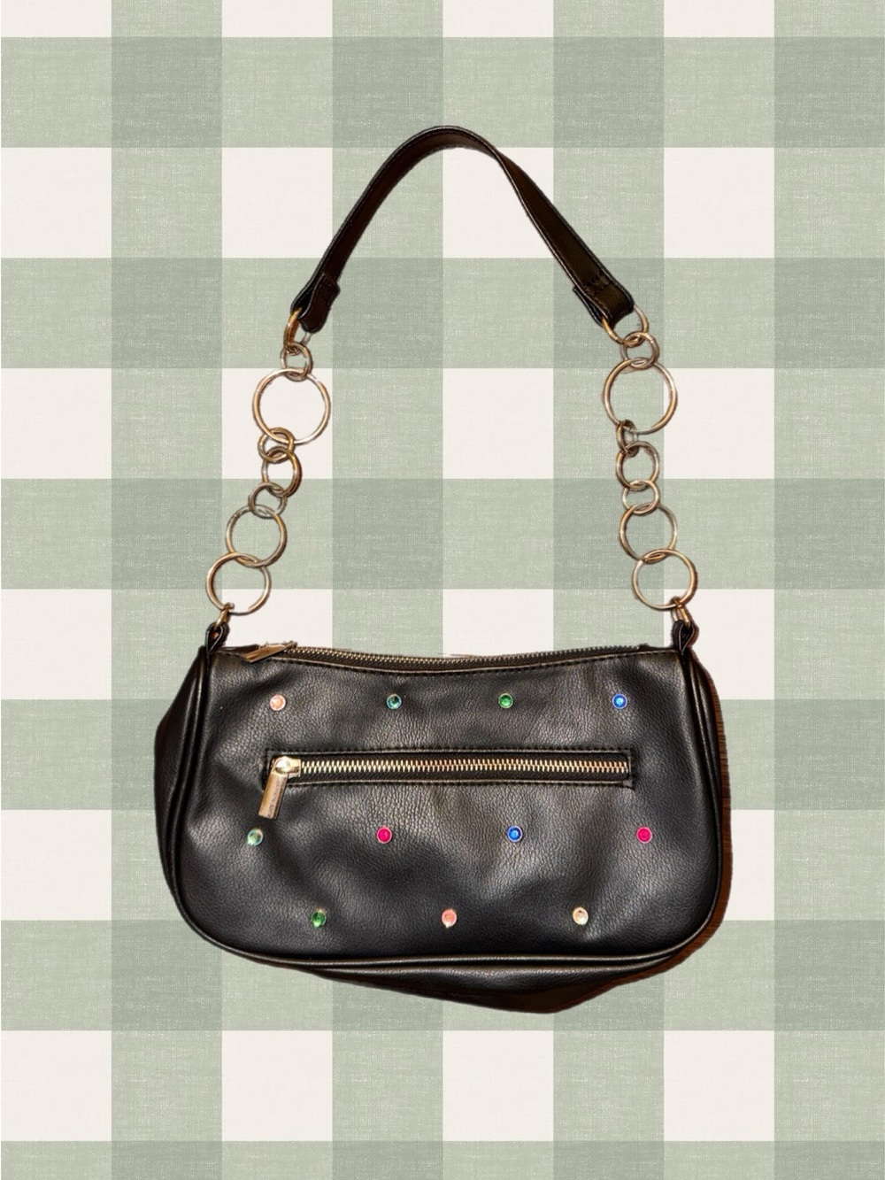 Black Leather Shoulder Bag with Multicolor Studs